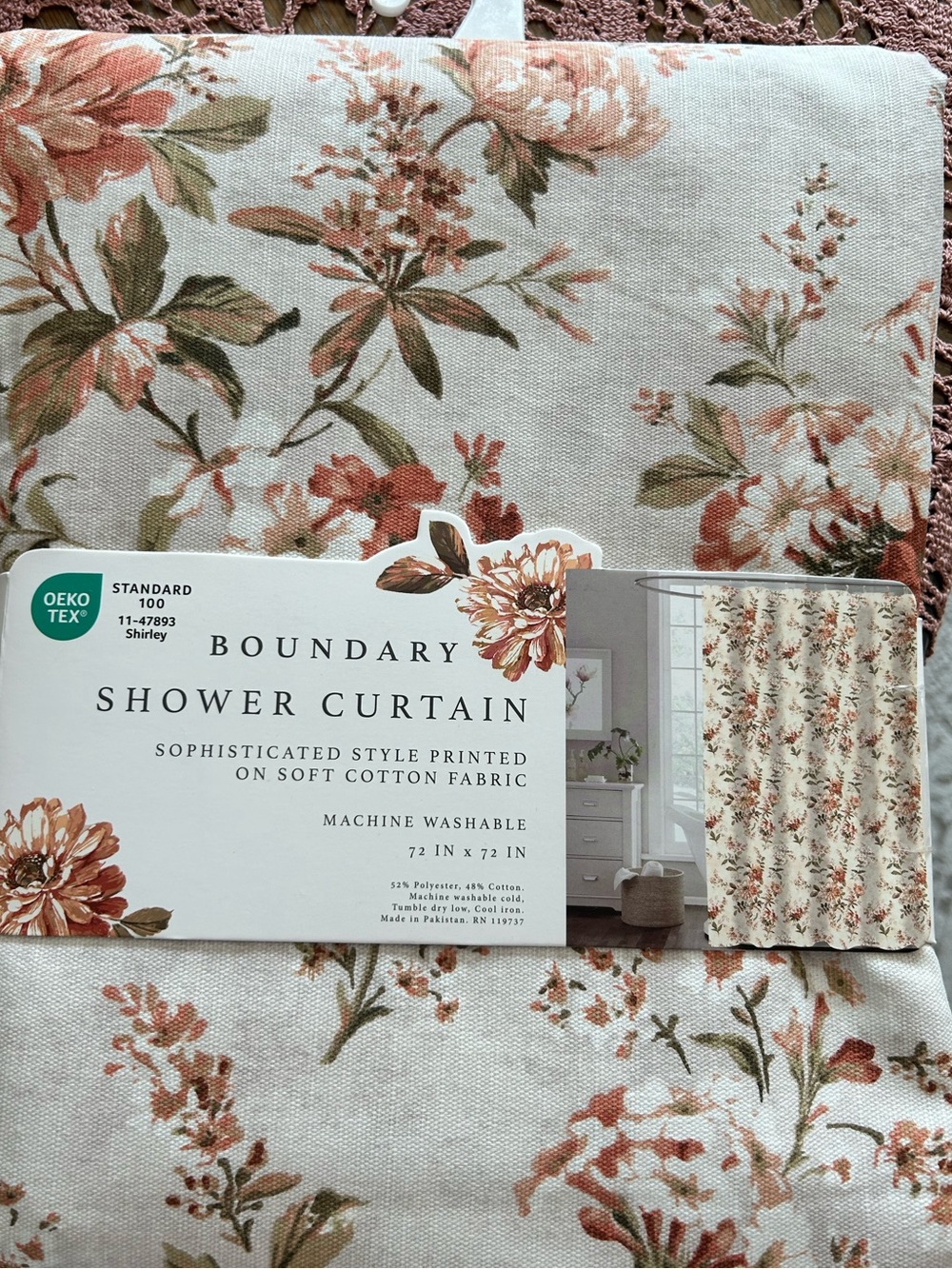 New in packaging  faux linen with floral print shower curtain